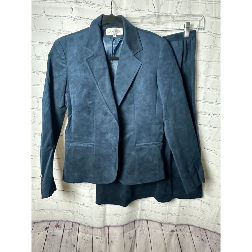 Ultrasuede Vintage Skirt Suit Teal Blue Blazer Midi Skirt 2 Piece Set Womens 6